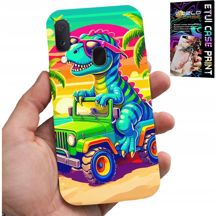 Carcasa pentru telefon, World Case, pentru Samsung Galaxy A40, design dinozaur în camion, silicon