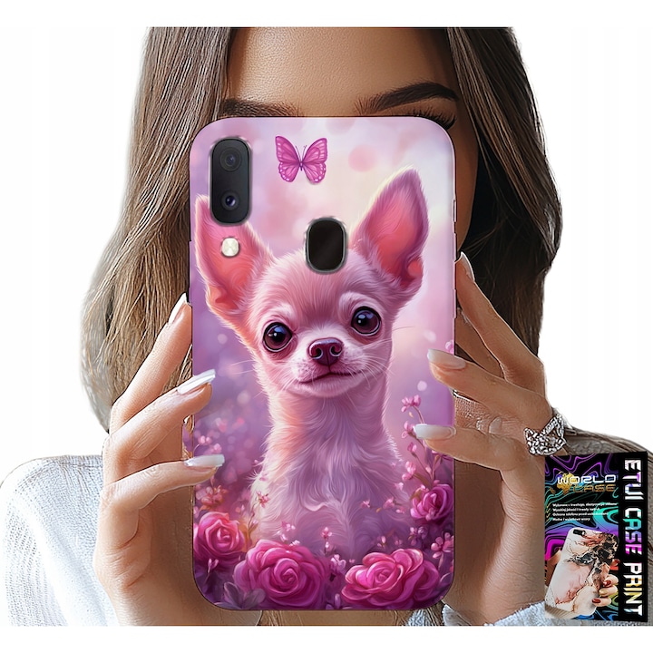 Carcasă pentru telefon, World Case, Chihuahua pe fundal roz cu flori, silicon, pentru Samsung Galaxy A40