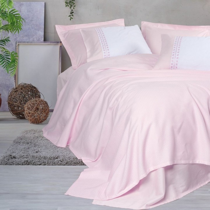 Set de pat dublu cu broderie, cuvertura cu cearceaf pat si 4 fete perna, bumbac si bambus, 240x260 cm, 6 piese, Cotton Box, Spruce Roz Pudra