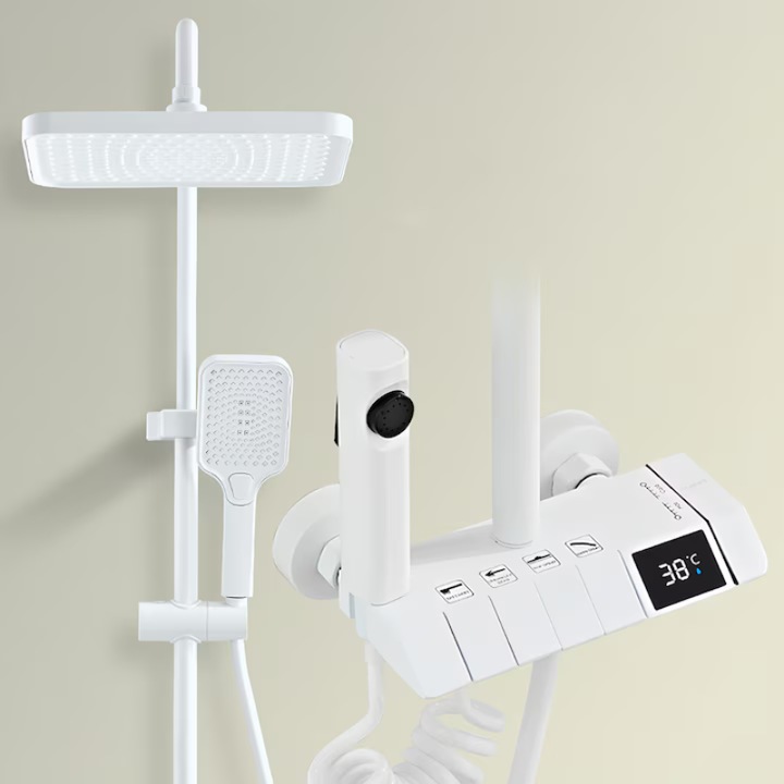 Set coloana de dus Sanlux, BSL10A , alb, cu termostat, afisaj digital, patru functii, ajustabil 96-123cm