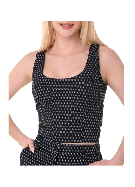 Bluza dama Guess Eleni Top, scurta, neagra, florala, din poliester, bumbac si elastan, S INTL