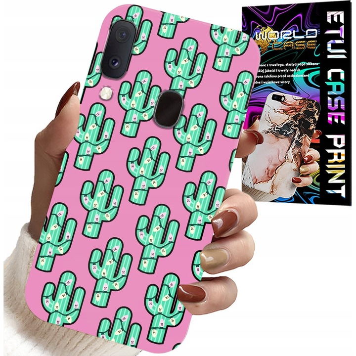 Carcasă pentru telefon, World Case, Samsung Galaxy A40, imprimeu cactuși pe fundal roz, silicon