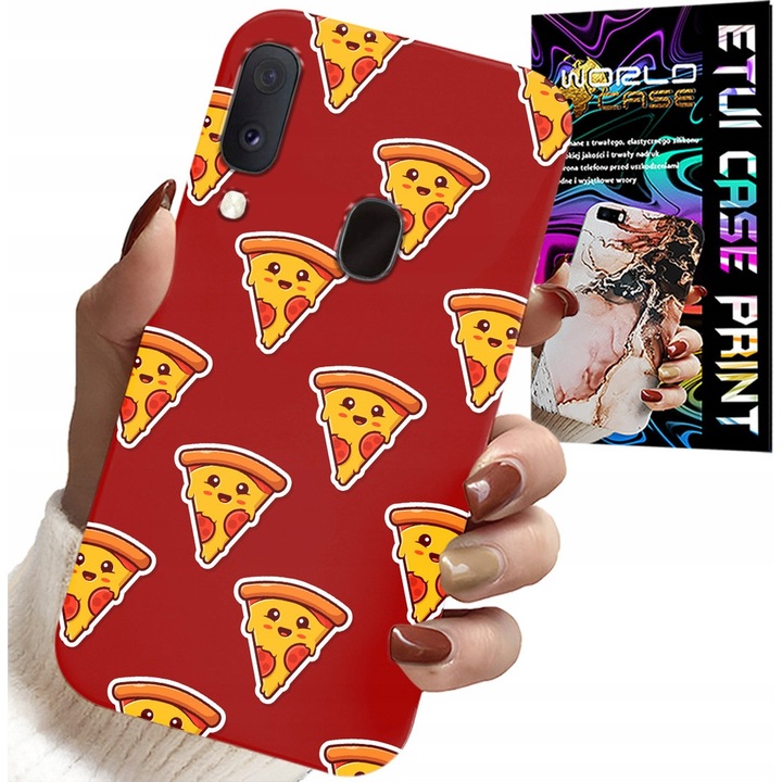 Carcasă de telefon, World Case, pentru Samsung Galaxy A40, design pizza veselă pe fundal roșu, material silicon, protecție împotriva zgârieturilor