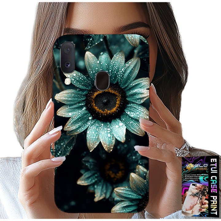 Husă telefon Samsung Galaxy A40, World Case, imprimare gerbera, silicon, albastru