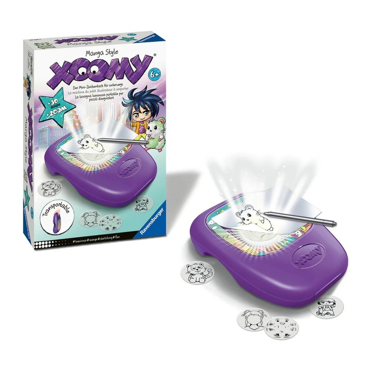 Set de desenat Xoomy, Ravensburger, cu lampa LED, 30 de sabloane, valiza compacta