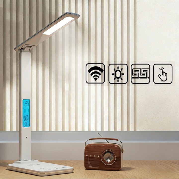Lampa de birou LED cu incarcator wireless pentru telefon iOS si Android, 3 in 1, COSMI, cu incarcare wireless rapida 15W, ceas digital si lumina LED reglabila, alimentare Type-C, design modern, ideal pentru birou/noptiera, alb