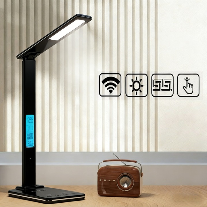 Lampa de birou LED cu incarcator wireless pentru telefon iOS si Android, 3 in 1, COSMI, cu incarcare wireless rapida 15W, ceas digital si lumina LED reglabila, alimentare Type-C, design modern, ideal pentru birou/noptiera, negru