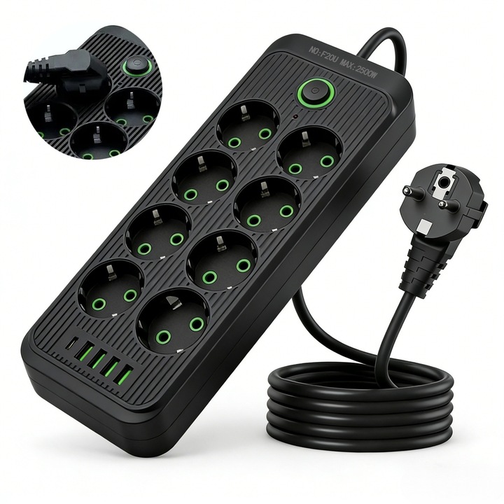 COSMI Többfunkciós hosszabbító elosztó gyorstöltéssel, 2500W, 1 db, 2500W, 8 aljzat, 1 USB-C port/4 USB port, 2 méteres kábel, ideális otthoni és irodai töltéshez, áramellátási megoldás munkahelyekre, fekete