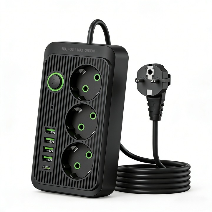 Удължител с бързо зареждане, COSMI, 2500W, 1x USB-C порт/4x USB порта, 2 метра кабел, идеален за зареждане у дома и в офиса, решение за захранване на работни пространства, Черен