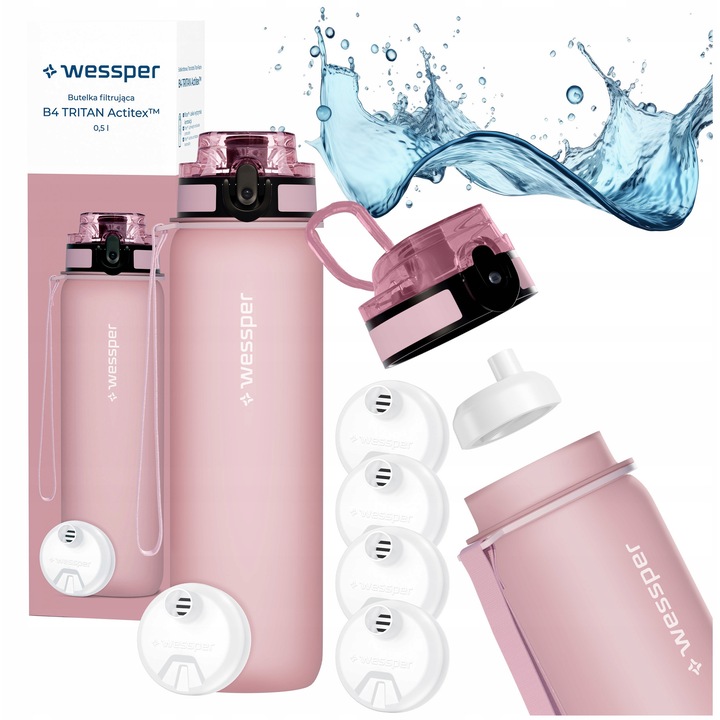 Sticla de apa 500ml Wessper B4 TRITAN Actitex + 5x filtru de apa, BPA Free, motivationala, tritan, 23cm, roz