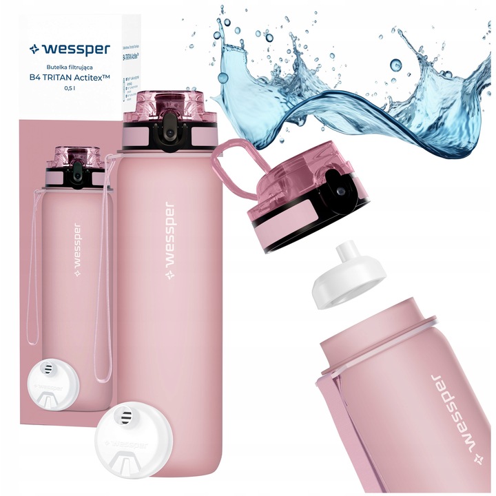 Sticla de apa 500ml Wessper B4 TRITAN Actitex + 1x filtru de apa, BPA Free, motivationala, tritan, 23cm, roz