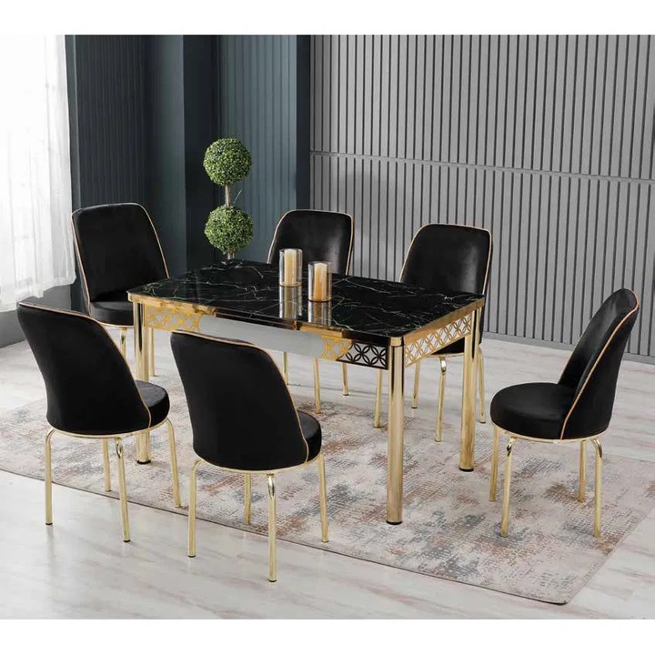Set Expomob LION GOLD, masa extensibila cu 6 scaune, dreptunghiulara, dimensiuni 130/170x80x75 cm, culoare marmura negru + auriu + negru