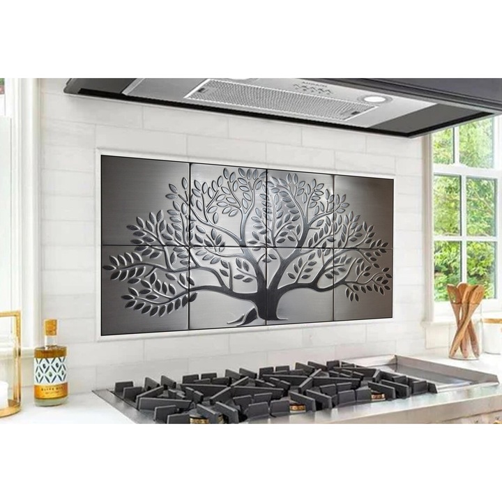 Panou decorativ 160 x 80 cm din otel inoxidabil cu motiv Arborele Vietii, frunze negre pictate manual, arta metalica pentru bucatarie, living sau hol, decor modern de perete, durabil si realizat manual pentru un interior contemporan