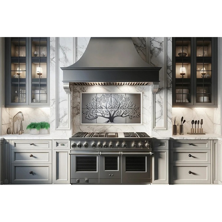 Panou decorativ 60 x 30 cm din otel inoxidabil cu motiv Arborele Vietii, frunze negre pictate manual, arta metalica pentru bucatarie, living sau hol, decor modern de perete, durabil si realizat manual pentru un interior contemporan