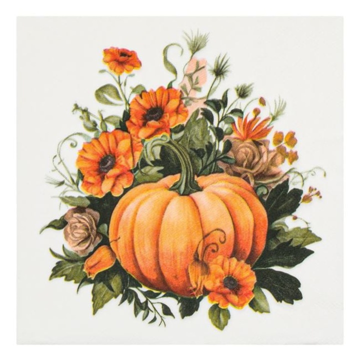 Szalvéta 33x33cm 20db Fehér, Narancssárga Tökkel, Virágokkal és Őszi Levelekkel