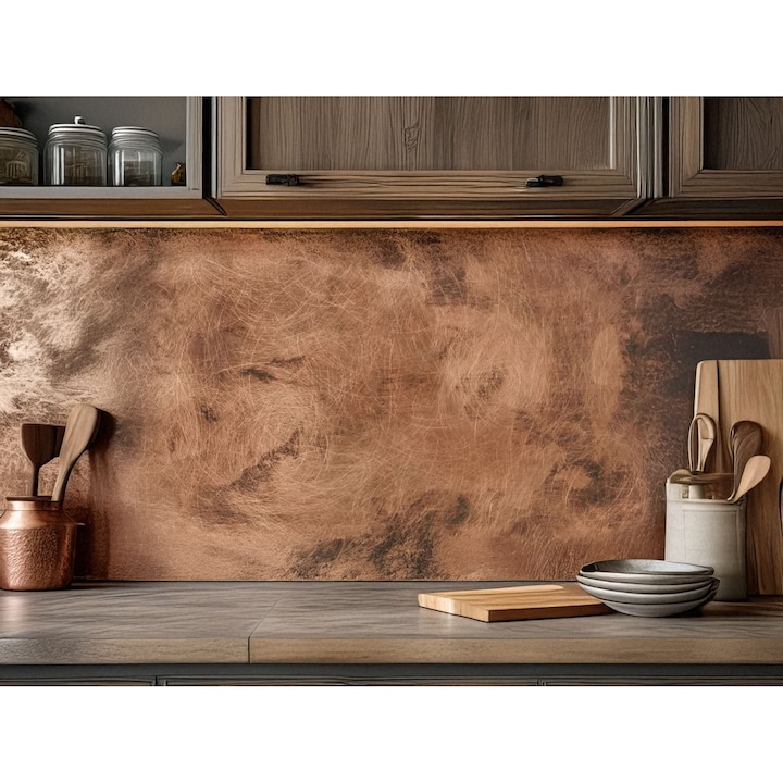 Panou decorativ din cupru patinat, 90×90 cm, realizat manual. Design unic, ideal pentru placarea peretilor in living, bucatarie sau dormitor. Produs artizanal premium, durabil si usor de montat