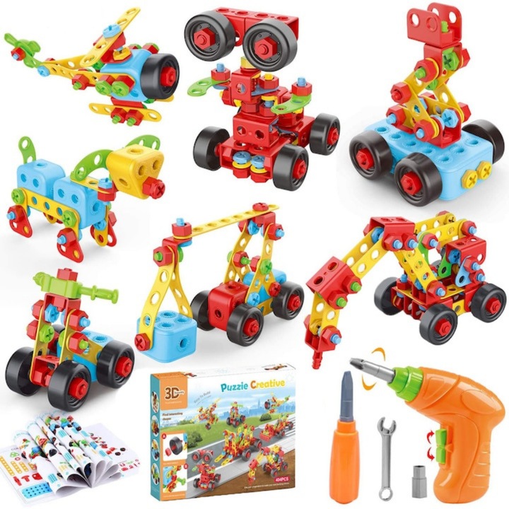 Jucarie educativa si interactiva Macvi® Set Constructie 404 Piese Puzzle 3D STEM, Cu Surubelnita Electrica, Multicolor, Pentru Copii 6+ Ani