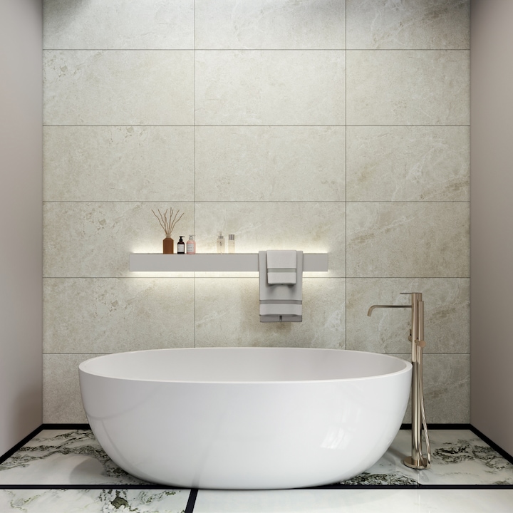 Panou SPC Premium StoneLine, Impermeabil si Ultra-Durabil, Finisaj mat, 900 x 450 x 4 mm (0.41 mp suprafata acoperita), culoare Bej Marmura, Velvet Design