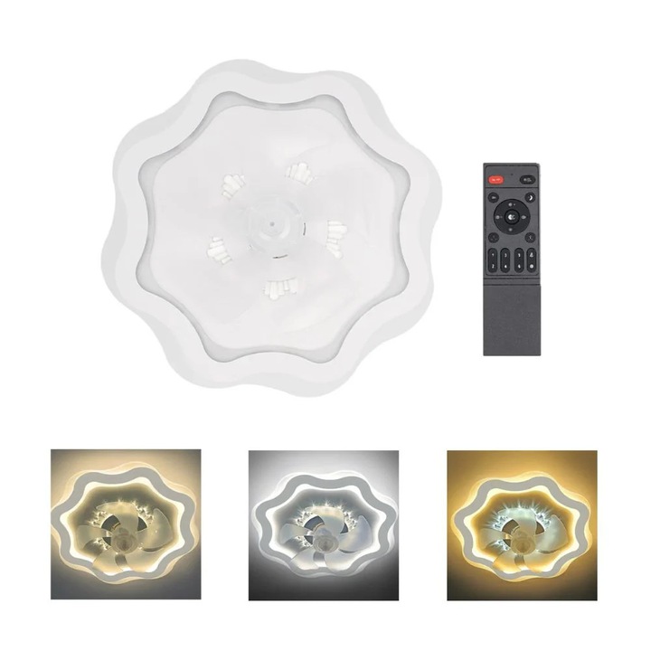 Mennyezeti ventilátor világítással, kétirányú forgással, állítható színhőmérséklettel, távirányítóval, fehér színben
