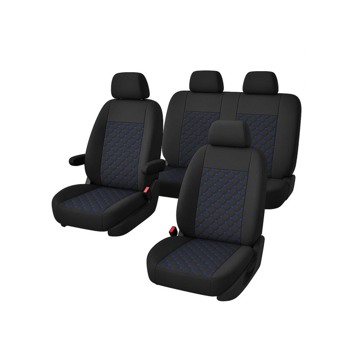 Huse Scaun Auto 9 Piese, Compatibil Bancheta Frationata, Negru - Cusatura Albastra