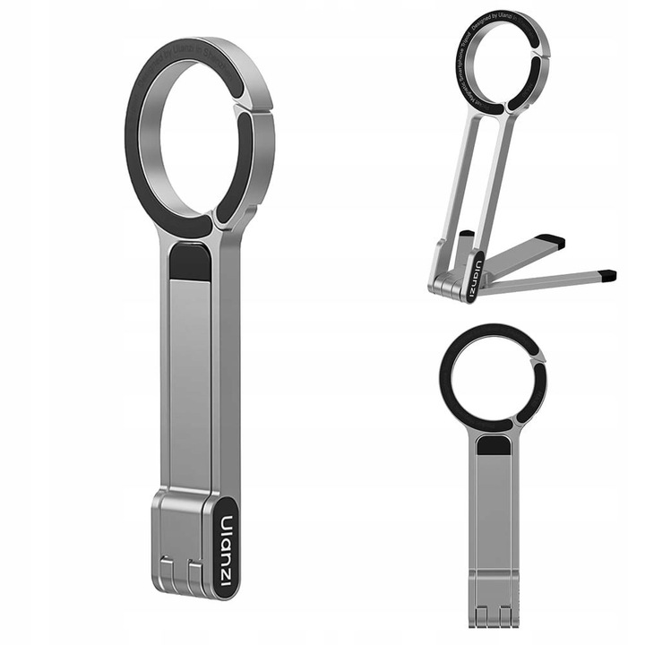 Suport 2 in 1, ulanzi, ma30, fara, fara, maner, trepied, suport magnetic magsafe, carabina integrata, picioare pliabile, incadrare verticala si orizontala, reglare unghi de inclinare, picioare antiderapante, constructie solida, aluminiu, argintiu