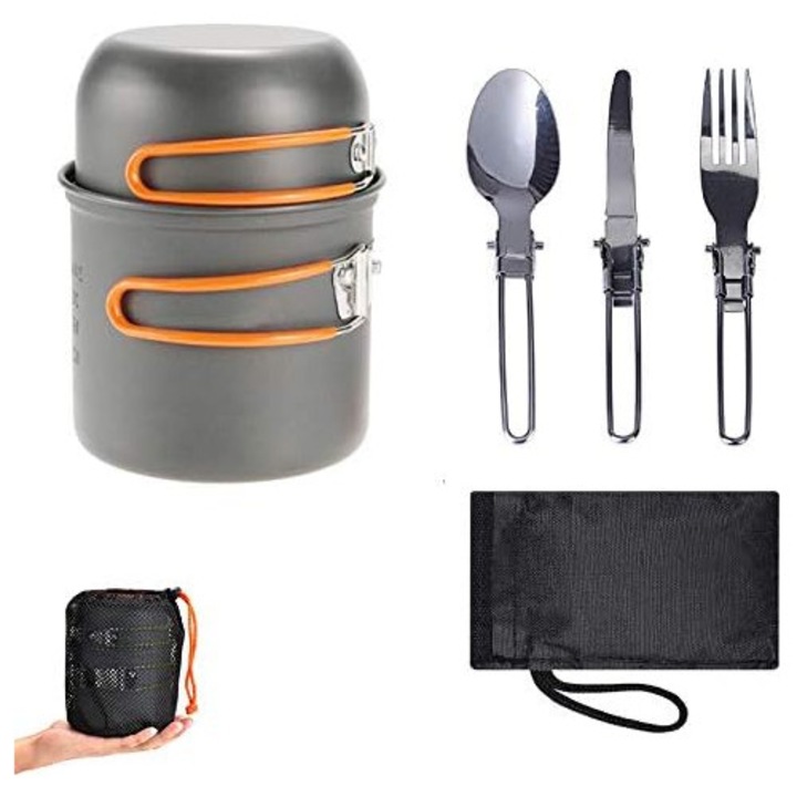 Set vesela camping MWAOWM, 6 piese, pentru 1-2 persoane, aluminiu, portabil, design compact