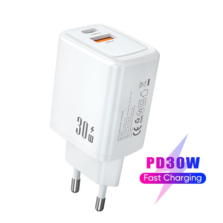 Kétportos gyorstöltő, USB-C és USB-A, 30W és 18W, kompakt, otthoni vagy irodai használatra