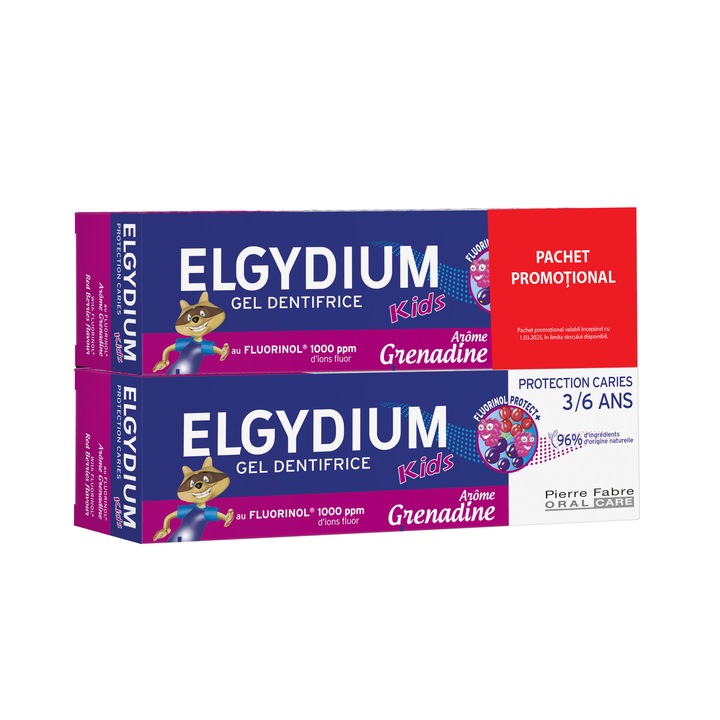 Комплект Паста за зъби Elgydium Kids за деца с вкус на горски плодове 3-6 години, 50 мл+50 мл