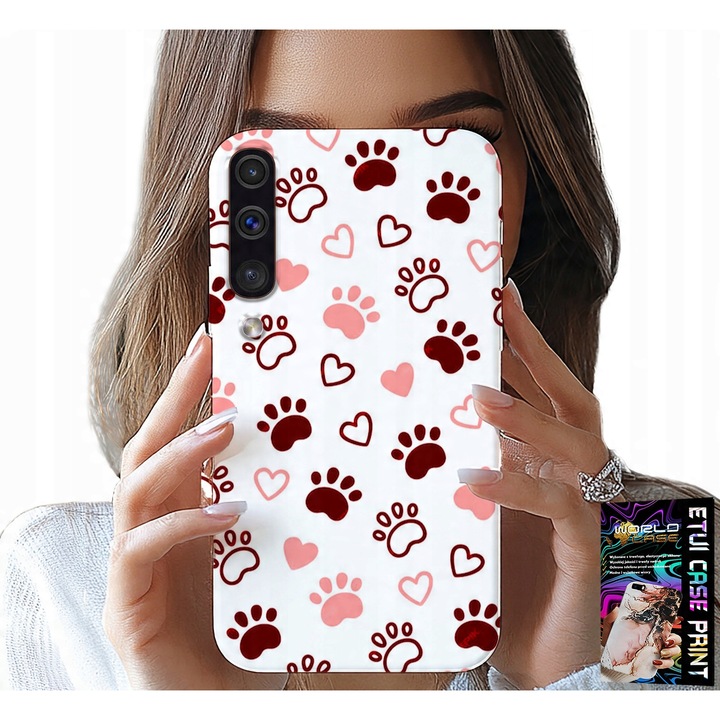Samsung A50/A30S telefontok, World Case, kutyalábnyomok fehér alapon, szilikon