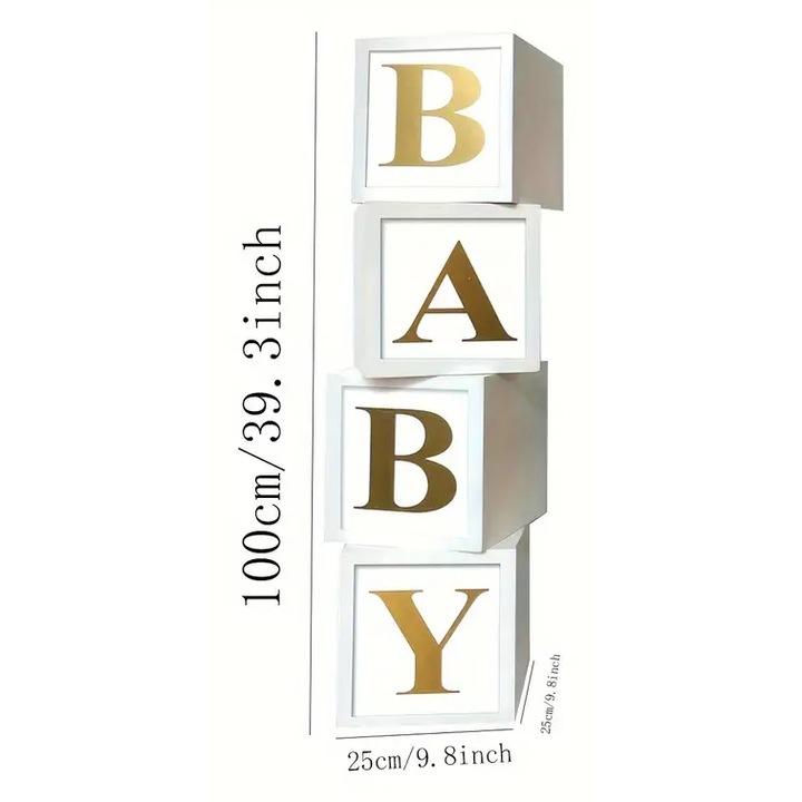 Set 4 Cutii Decorare Petrecere, Domi Party & Gifts, cu Baloane Aurii BABY, Alb, 30x30x30cm