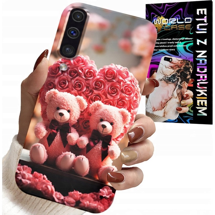 Carcasa pentru telefon, World Case, Samsung Galaxy A70, silicon, imprimare multifuncțională, roz teddy bear family heart