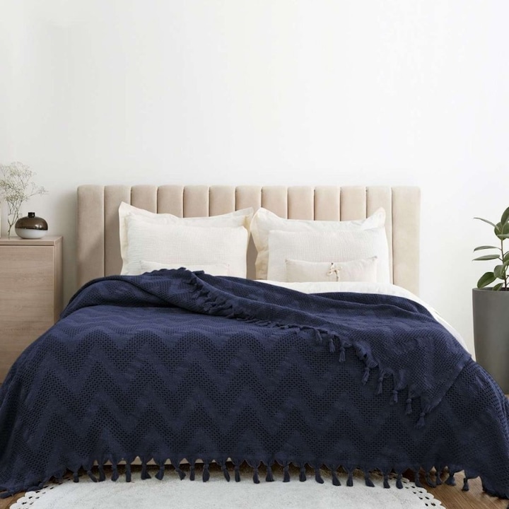 Одеяло с пискюли от рециклиран памук, 200 x 230 см, Viaden, Naomi Синьо