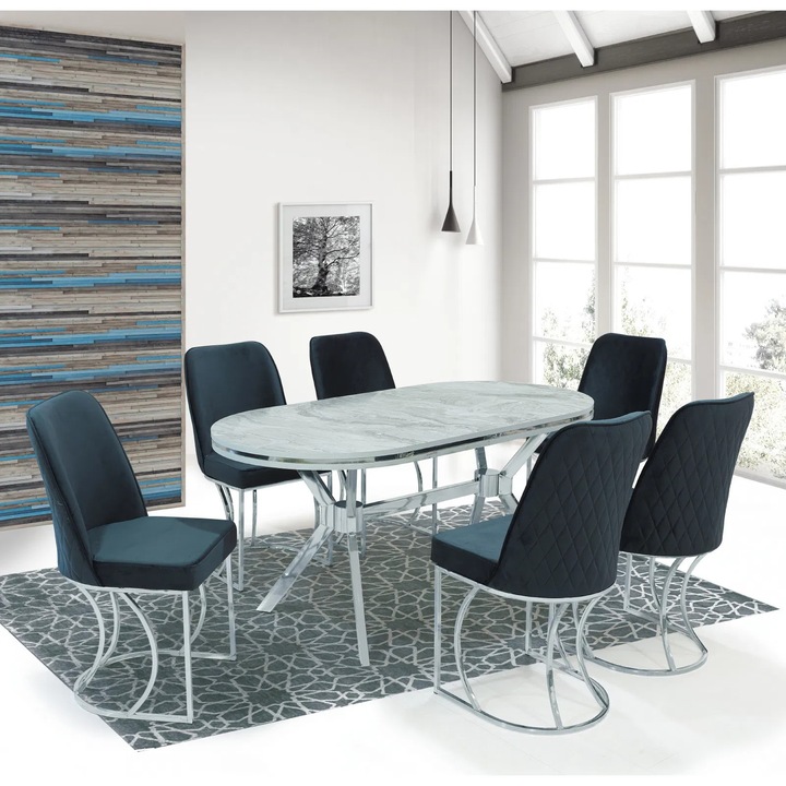 Set Expomob TIMARA, masa cu 6 scaune, ovala, 6 persoane, dimensiune 160x80 cm, culoare marmura bermuda + argintiu + gri