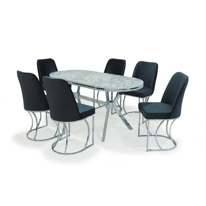 Set Expomob TIMARA, masa cu 6 scaune, ovala, 6 persoane, dimensiune 160x80 cm, culoare marmura carrara+ argintiu + gri