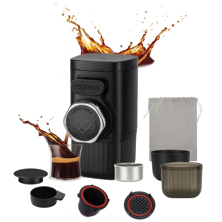 Кафемашина LEBLOU, ръчна, преносима, налягане 15 бара, резервоар 100 мл, съвместима със смляно кафе, подложки и капсули Nespresso, пълен комплект с аксесоари и калъф за носене, лека 275 гр.