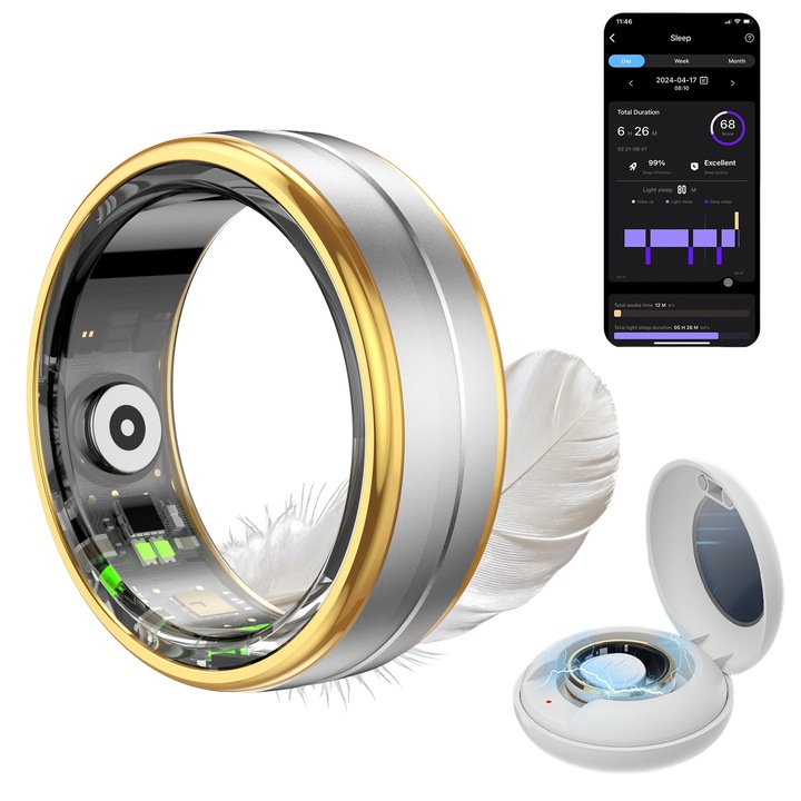 Inel smart pay ring nfc gadget inteligent Bluetooth, COSMI, monitorizare somn puls oxigen, notificari mesaje, rezistent la apa, autonomie mare, alternativa eleganta la bratara, argintiu/auriu marime 10