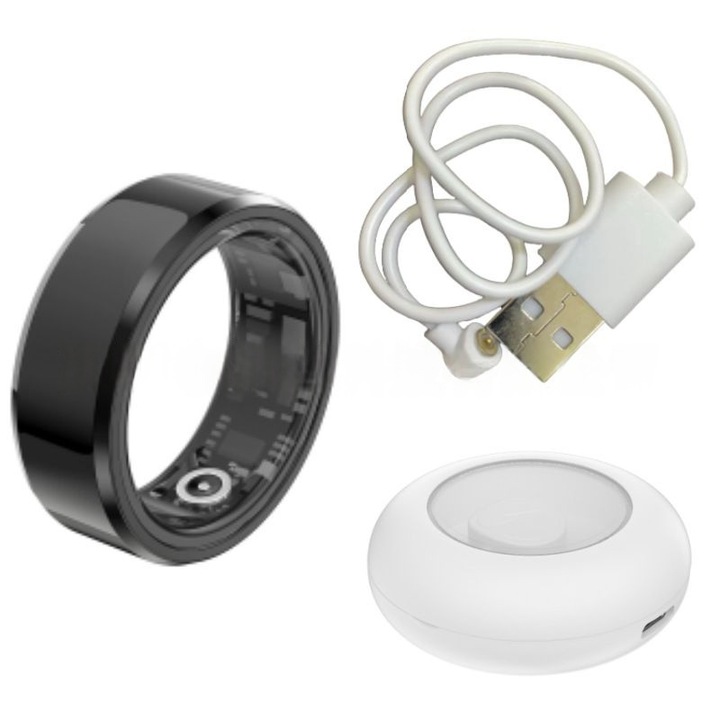 Okos gyűrű, COSMI, alvás-, pulzus- és oxigénszint-figyelés, üzenetértesítések, vízálló, hosszú akkumulátor-üzemidő, elegáns alternatíva karkötő helyett, fekete, 12-es méret