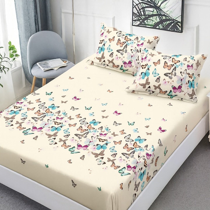Set husa pat Finet Elegance + 2 fete perne pentru saltea de 160x200 cm, Fluturi, HF2FP117