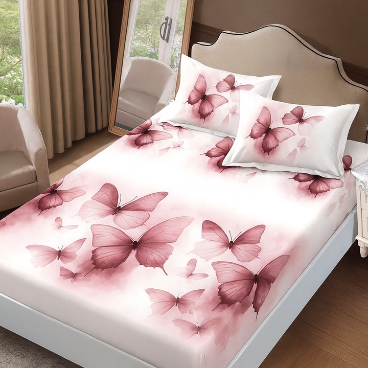 Set husa pat Finet Elegance + 2 fete perne pentru saltea de 160x200 cm, Fluturi, HF2FP120