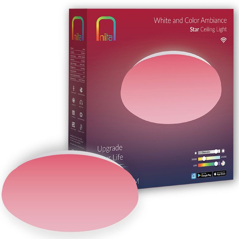 Plafoniera RGB+W Nita Smart Star NT01101, 24 W, 2160 lm, Wi-Fi, Bluetooth, compatibil Alexa/Google, 2700-6500K