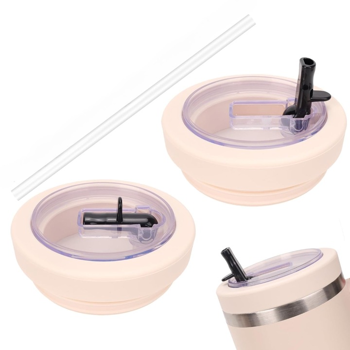 Capac etans cu pai si flip straw, accesorii reutilizabile pentru diferite pahare, 10x10cm, culoare bej