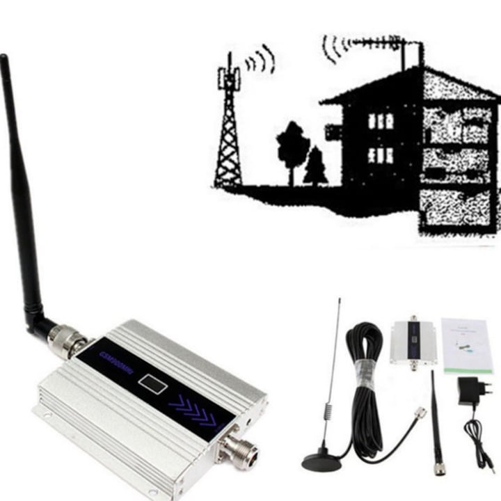 GSM 900MHz jel erősítő, 2G, 3G, 4G LTE, mobil jel erősítő, ezüst