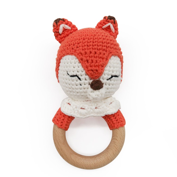 Дървена чесалка за зъби тип пръстен от бук и памук за бебета 3+ месеца - Dodoli Vulpita