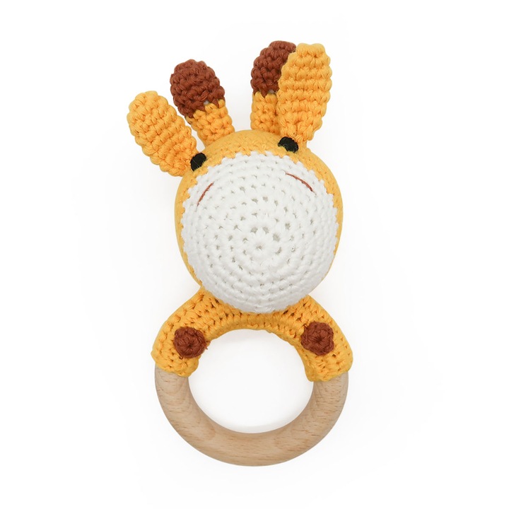 Дървена чесалка за зъби тип пръстен от бук и памук за бебета 3+ месеца - Dodoli Жираф