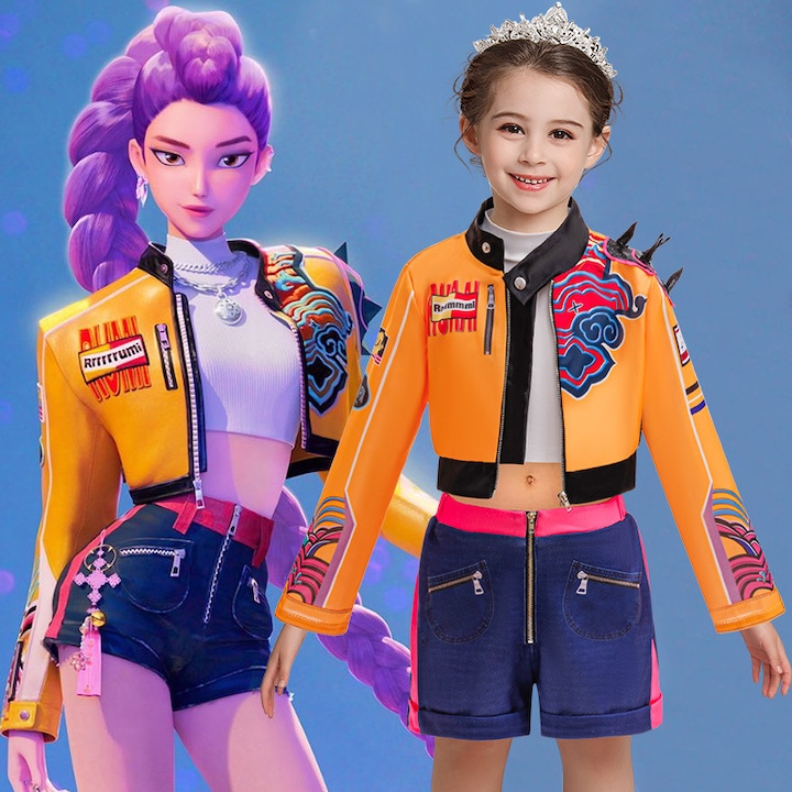 Halloween jelmez gyerekeknek, Rumi boszorkányvadász, háromrészes szett, hosszú ujjú, narancssárga, 120cm