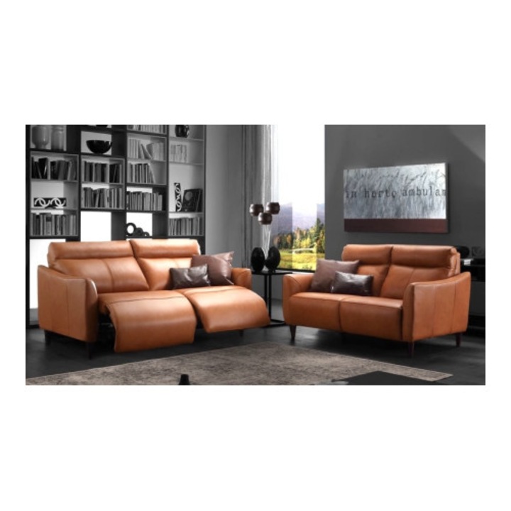 Set canapele MANERA, 3 locuri cu 2 reclinere electrice și 2 locuri fixe, piele naturală, maro cognac, 192x100x96cm / 160x100x96cm