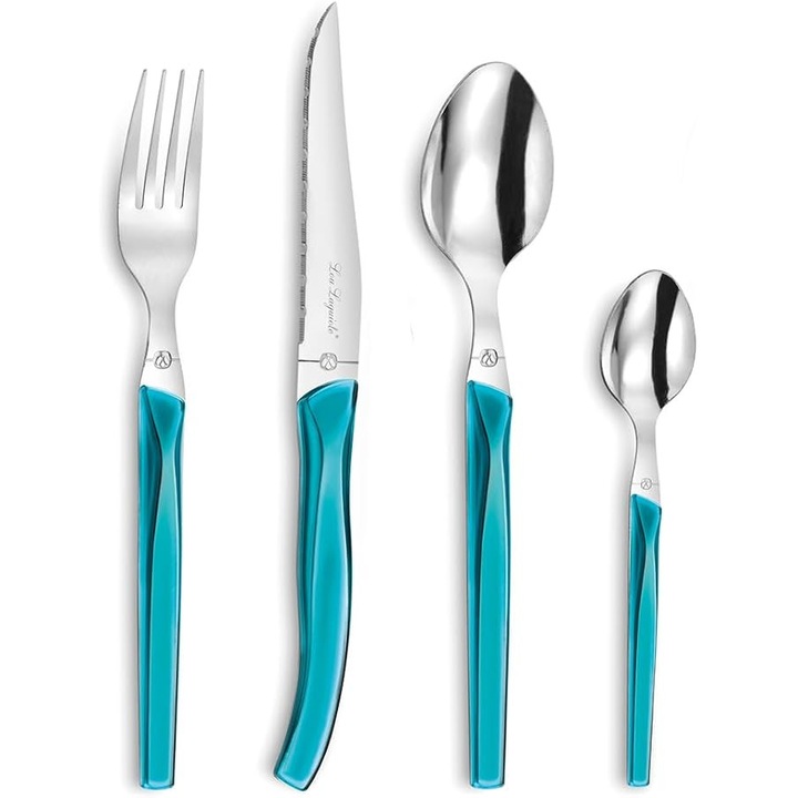 Set de tacamuri Lou Laguiole Rising Sun pentru 6 persoane, 24 piese, turcoaz lucios, inox 18/0