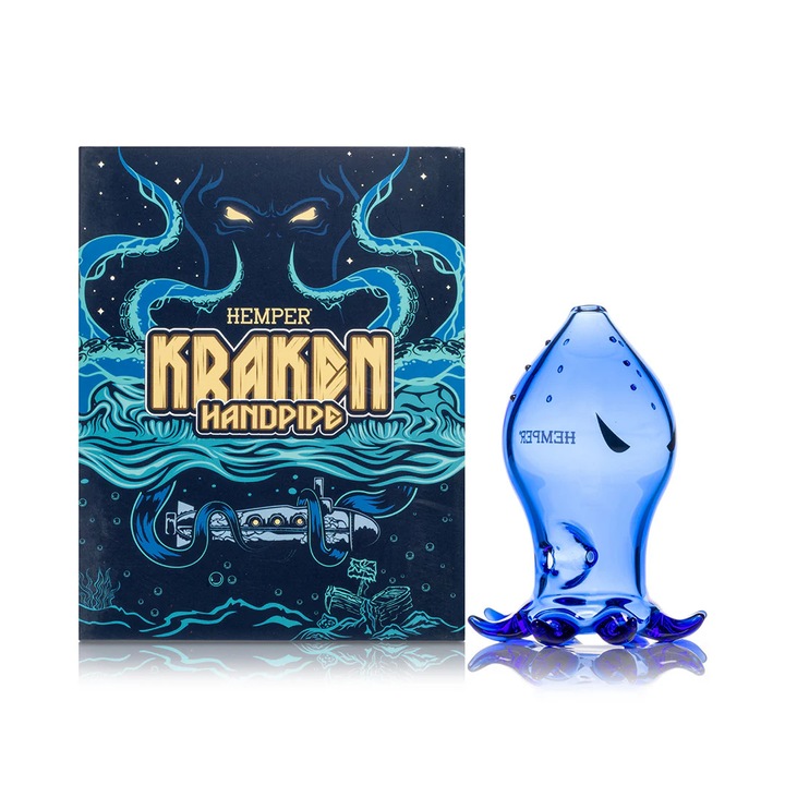 Pipa plante tutun Kraken Hemper din sticla borosilicata albastru-transparent, inaltime 80mm Editie limitata - USA