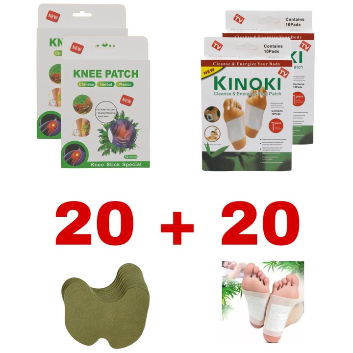 Pachet 20 plasturi Kinoki + 20 plasturi vegetali - 2 solutii naturale, 1 pret special