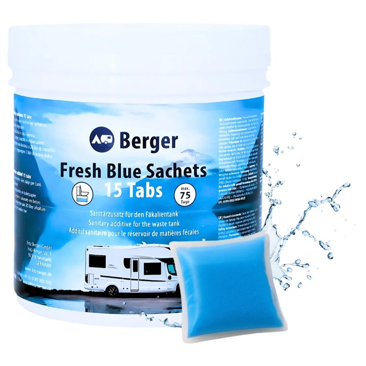 Tasakok mobil vagy lakókocsi WC-tartályhoz, Berger Fresh Blue Sachets (15 tasak)